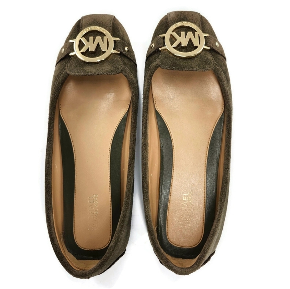 Michael Kors Fulton Dark Olive Green Suede Gold MK Logo Slip-On Driving Loafers - Picture 2 of 14